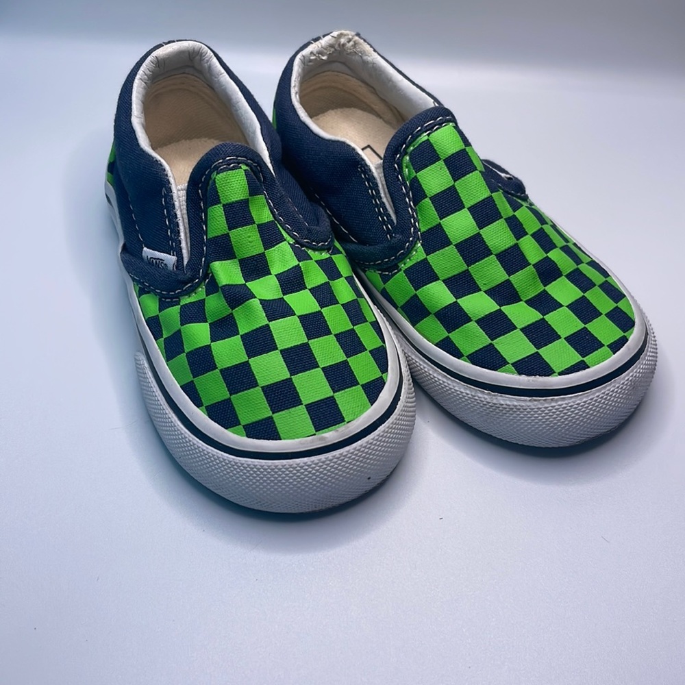 Green and navy checkered vans